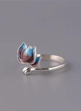 Vintage Silver Plated Blue Lotus Flower Rings For Men Women