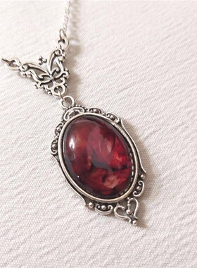 Gothic Blood Red Quartz Charm Necklace Oval Pendant Necklace