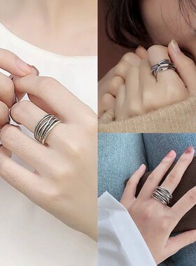 Silver Color Vintage Layered Womens Open Rings Adjustable L