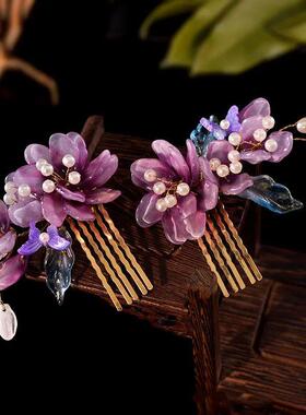 Chinese Glazed Flower Hairpin Purple Floral Hair Comb Fairy