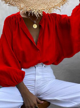 Chic New Women Lantern Sleeve Blouse Solid Color Elegant Fas