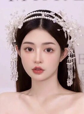 Bridal Tiara Double Pearl Sequin Lace and Crystal Fringed  o