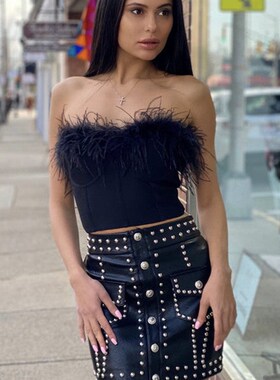 2022 Feather Trim Bandeau Tube Tops Women Strapless Tank Top