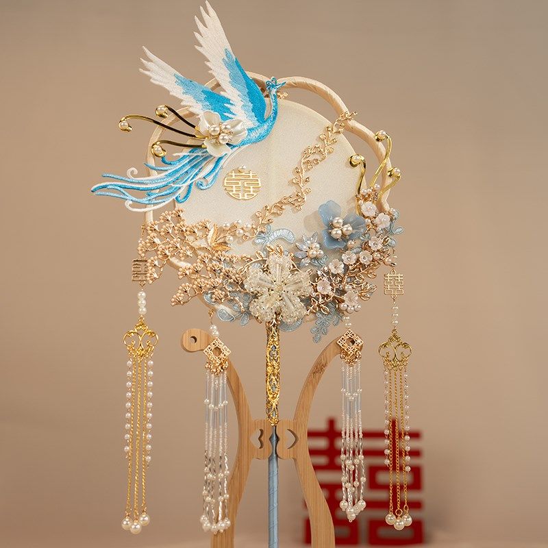 新娘结婚礼秀禾服婚扇中式古典出嫁喜扇子手工蓝色团扇diy材料包,淘宝优惠券,粉丝福利购,淘宝优惠卷