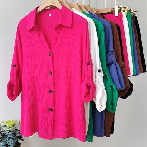 2023 Summer Casual Button Green Cotton Two Pieces Sets Women - 图3