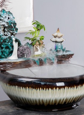 陶瓷大号水景客厅装饰办公桌面招财流水摆件养鱼缸开业乔迁送礼品