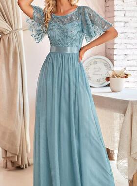 2023+New+Womens+Burgundy+A-Line+Sequin+Mesh+Leaf+Maxi+Prom