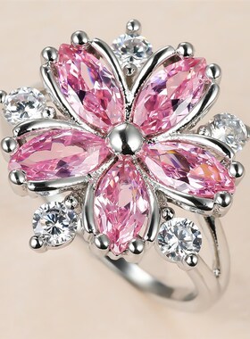 Cute Female Pink Crystal Stone Ring Charm Silver Color Thin
