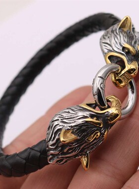 Viking Stainless Steel Wolf Head Brlet Leather Amulet Animal