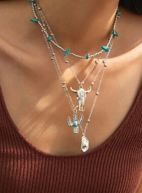 Retro Imitation Turquoise Bull Headbone Clavicle Chain Beade