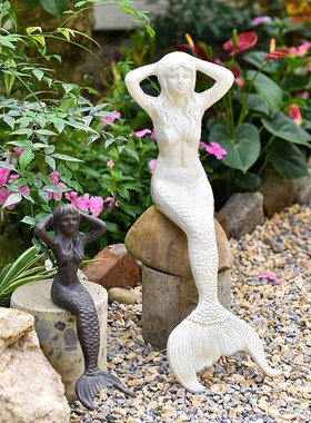 Sungmor 复古美人鱼摆件欧式怀旧雕塑铁艺庭院造景创意装饰工艺品