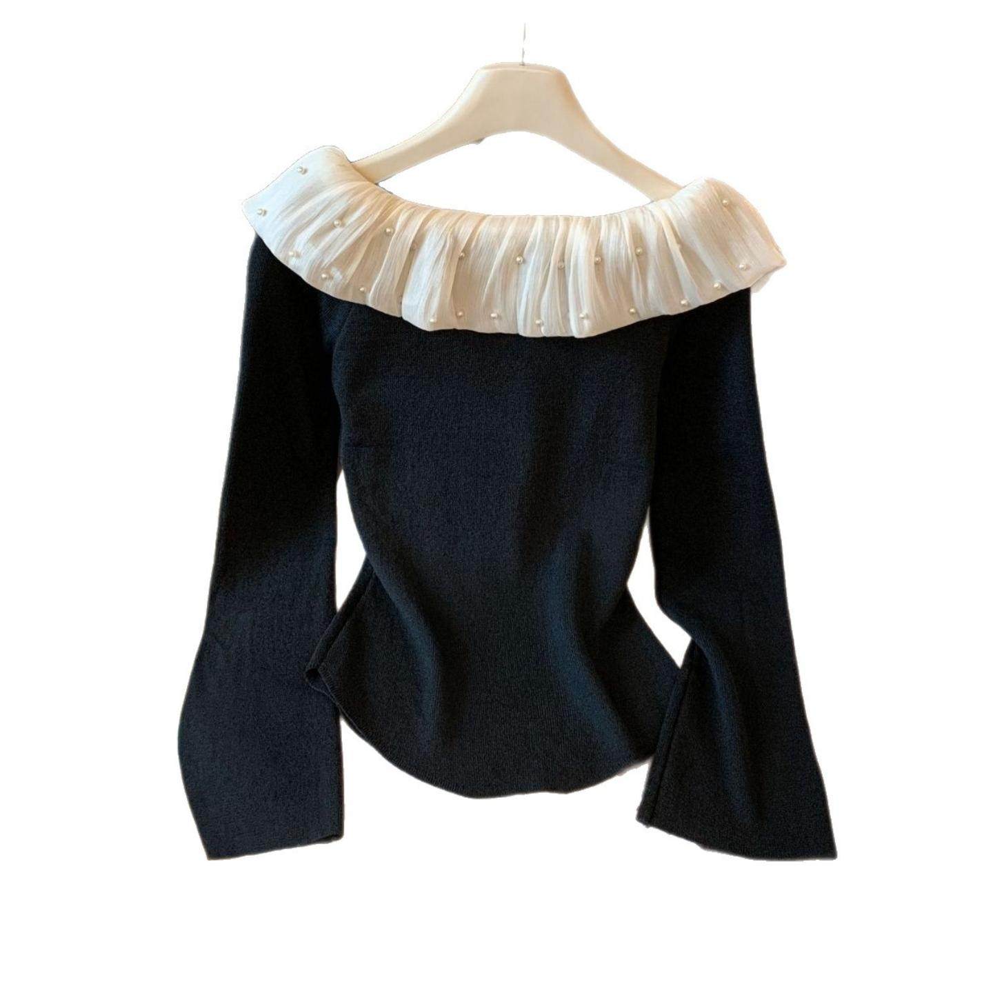 纯欲性感一字领德绒长袖针织衫女秋冬新款设计感钉珠花边拼接上衣,淘宝优惠券,粉丝福利购,淘宝优惠卷