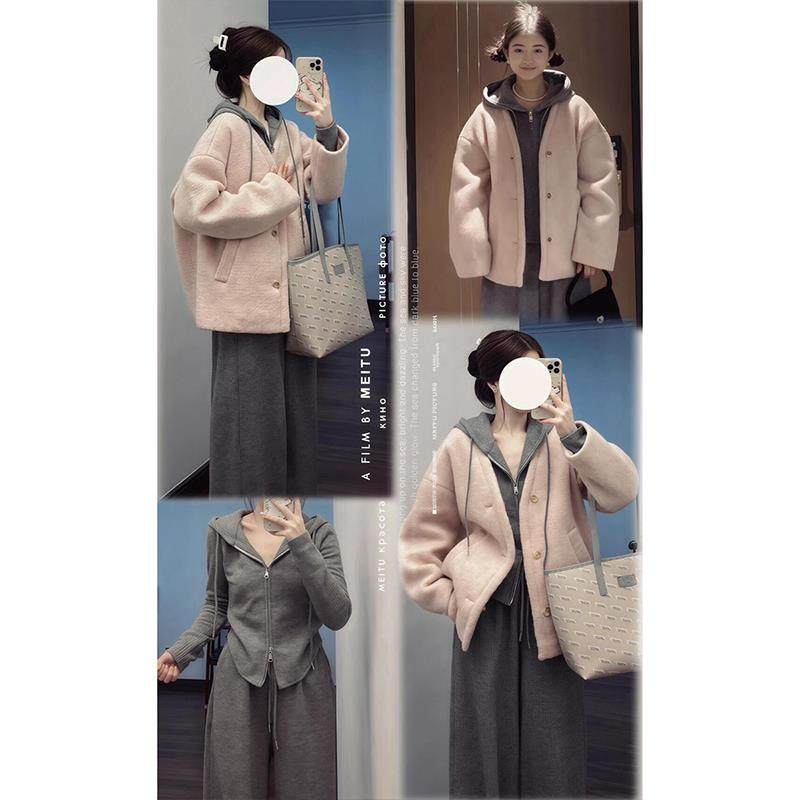 韩系一整套冬装搭配大码胖mm小香风粉色毛呢外套卫衣裤子三件套装,淘宝优惠券,粉丝福利购,淘宝优惠卷