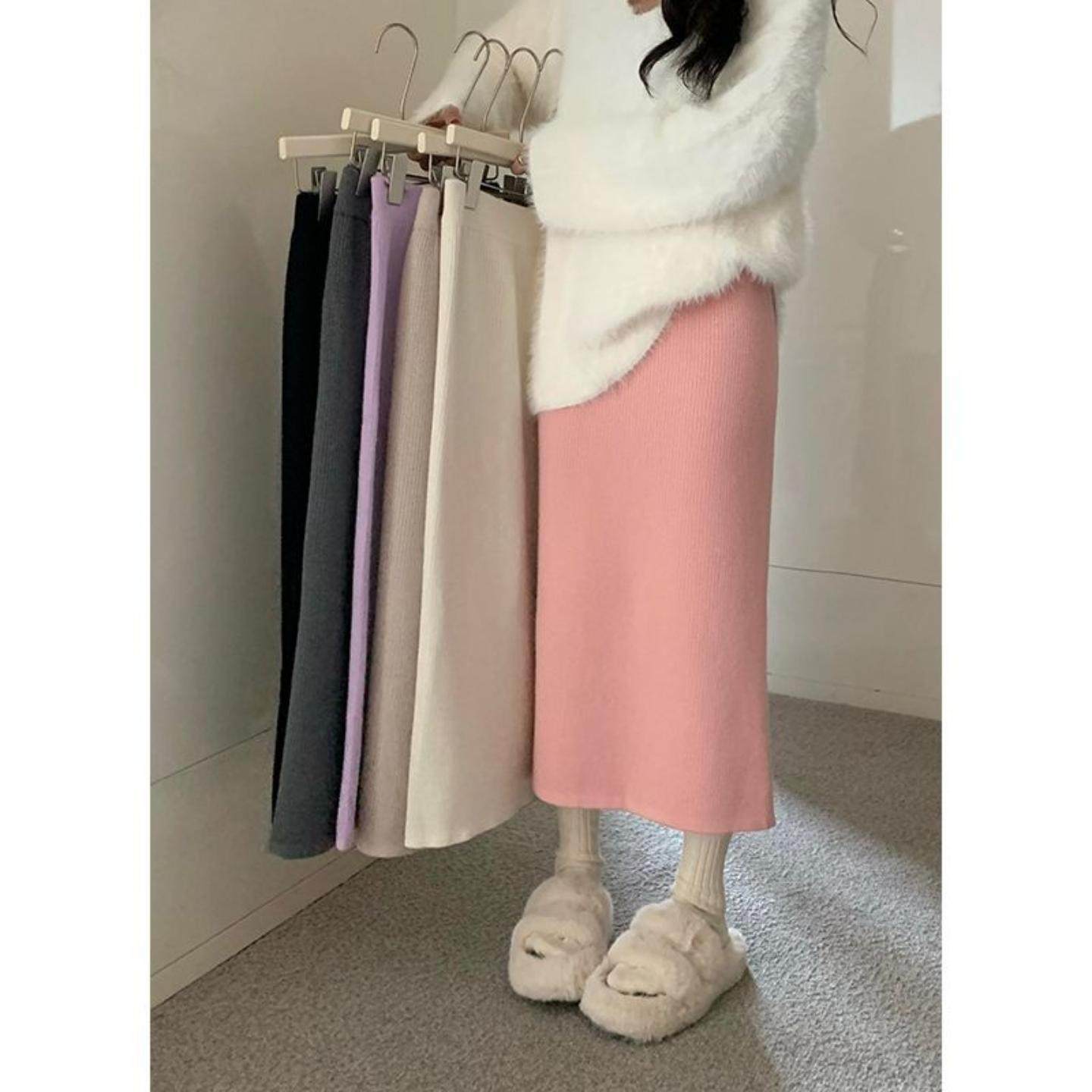 韩版纯色加厚加绒针织半身裙秋冬新款中长款开叉一步裙高腰a字裙,淘宝优惠券,粉丝福利购,淘宝优惠卷