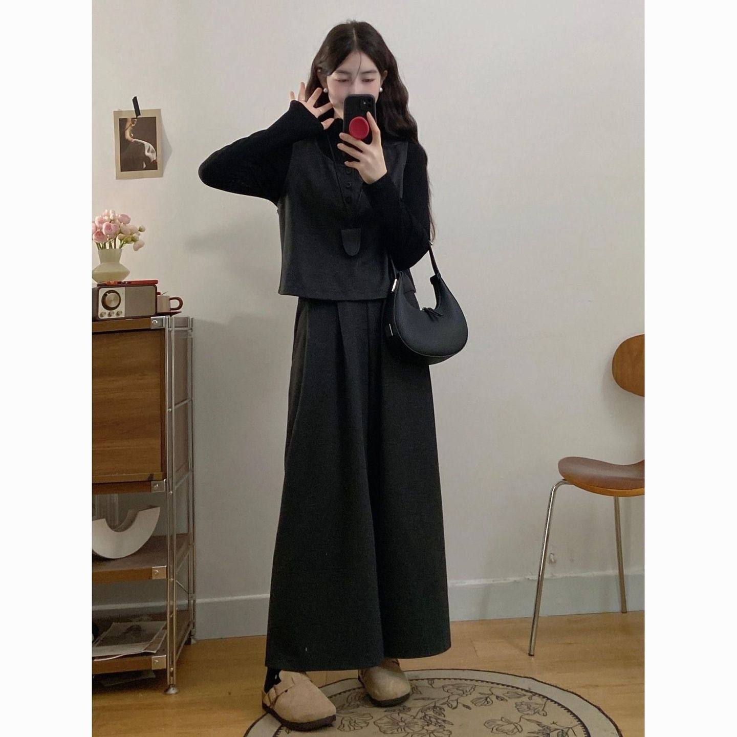 大码女装时尚微胖秋冬胖mm显瘦时尚简约毛呢马甲九分阔腿裤三件套,淘宝优惠券,粉丝福利购,淘宝优惠卷