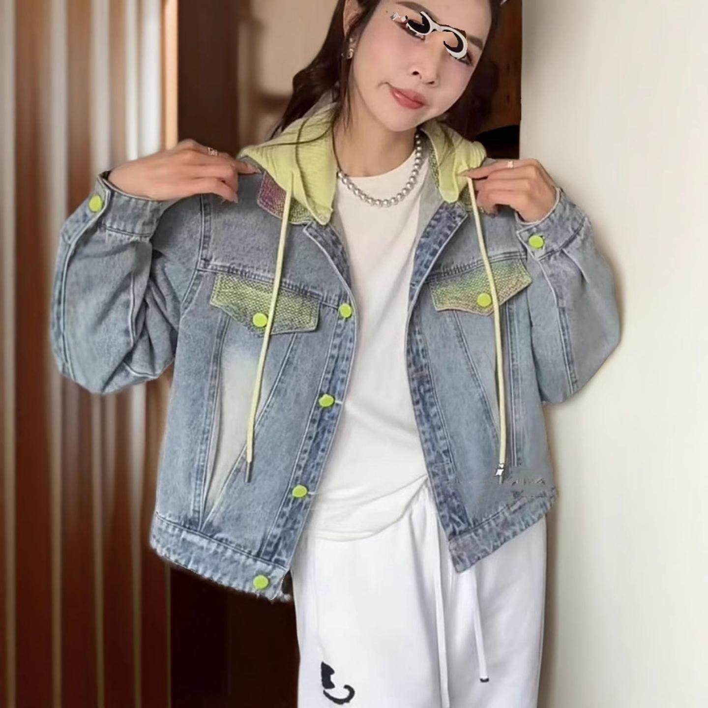 撞色针织连帽牛仔外套女2025春秋款新韩版洋气百搭休闲显瘦夹克上,淘宝优惠券,粉丝福利购,淘宝优惠卷