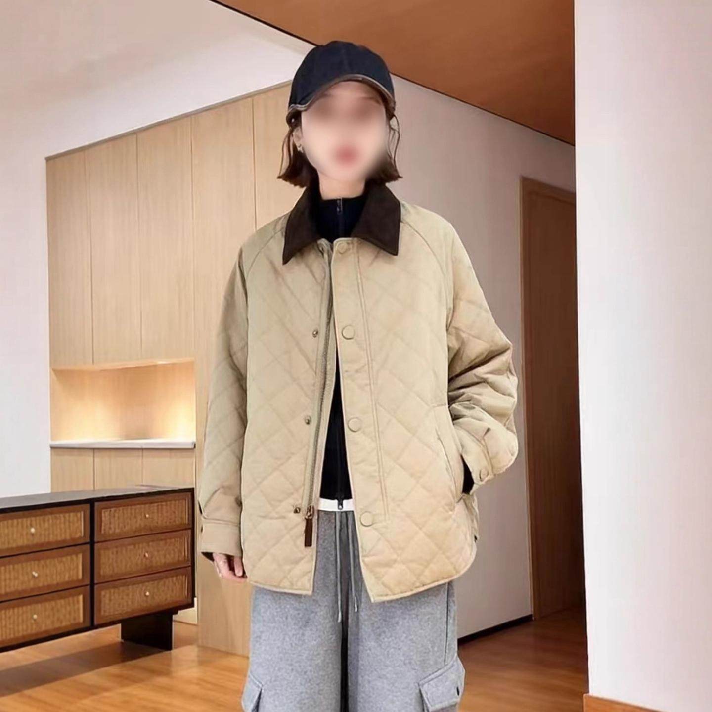 韩版灯芯绒翻领拼接菱格棉服外套女秋冬2025新款显瘦薄款夹棉上衣,淘宝优惠券,粉丝福利购,淘宝优惠卷