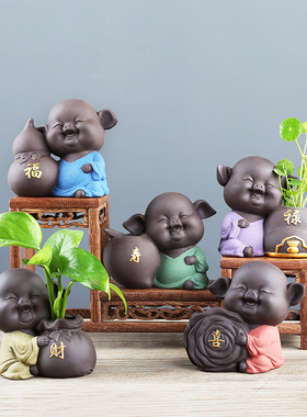 创意紫砂茶宠招财猪摆件 水培花瓶器皿家居客厅博古架装饰工艺礼