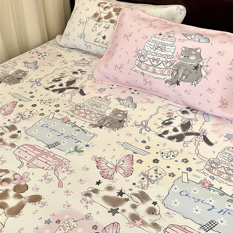 梨梦 喵喵日记 可爱冰丝凉席三件少女心床笠款夏季可机洗可折叠,淘宝优惠券,粉丝福利购,淘宝优惠卷