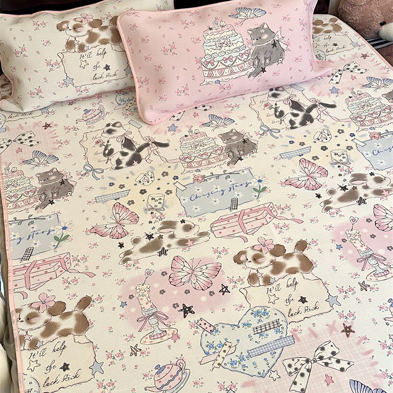 梨梦 喵喵日记 可爱冰丝凉席三件少女心床笠款夏季可机洗可折叠,淘宝优惠券,粉丝福利购,淘宝优惠卷