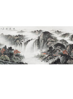 纯手绘源远流长水墨写意八尺山水画大气横版客厅办公室装饰画挂画