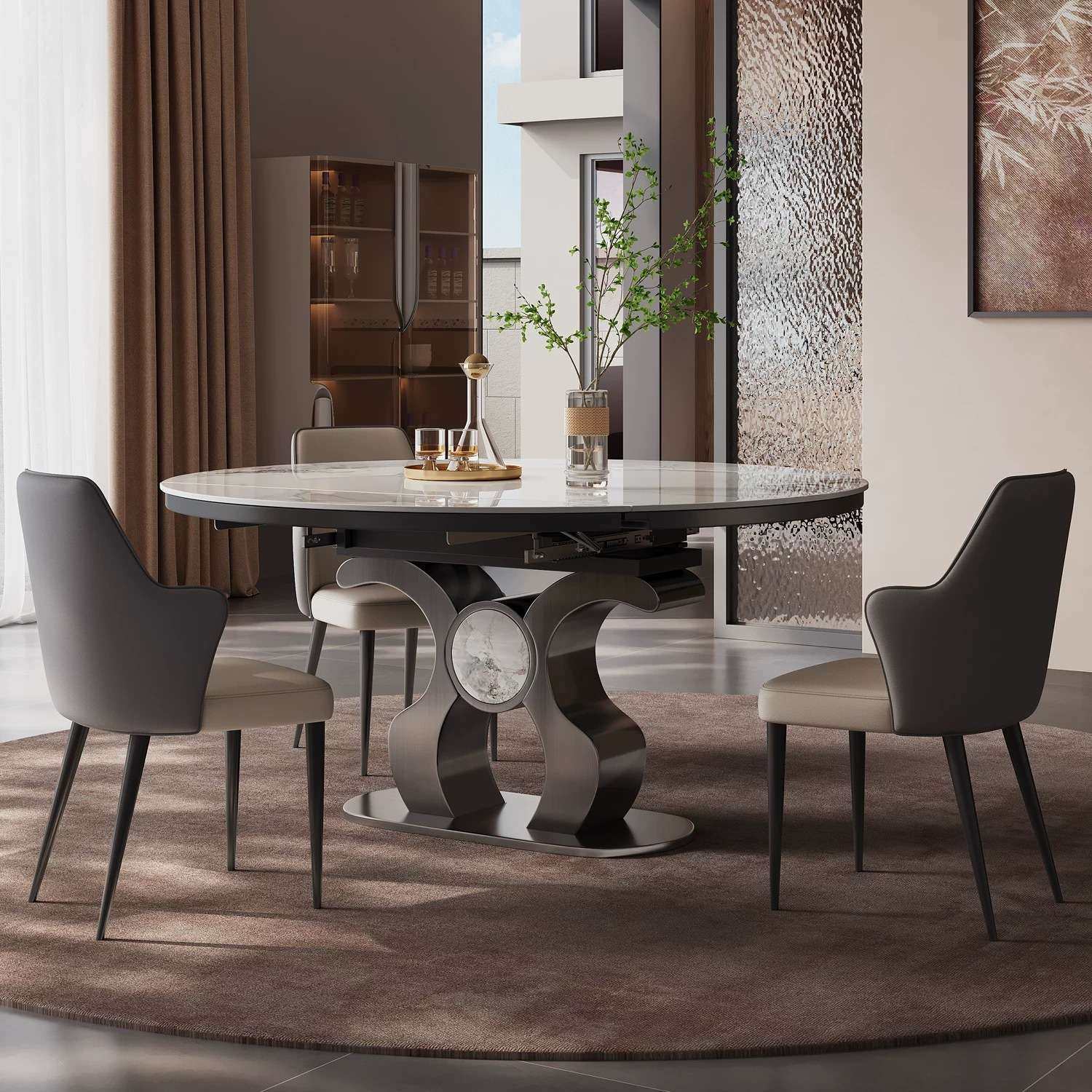 意式亮光岩板餐桌可方变圆伸缩折叠功能带转盘圆桌现代圆形吃饭桌,淘宝优惠券,粉丝福利购,淘宝优惠卷