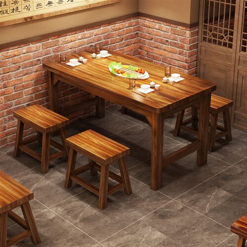 实木碳化快餐桌椅小吃饭店大排挡桌椅烧烤食堂早餐店桌椅组合4人 - 图0