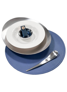 蓝色系餐具摆件餐厅软装饰品样板房餐盘摆台展厅餐桌不锈钢圆托盘