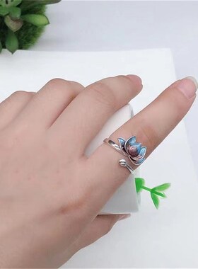 Vintage Silver Plated Blue Lotus Flower Rings For Men Women