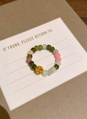 碧玺串珠铜钱戒指女新中式复古高级感食指戒素圈百搭时尚指环尾戒