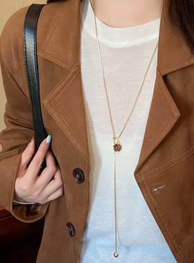秋冬款港风复古美拉德虎眼石长款项链女抽拉式毛衣卫衣项链锁骨链