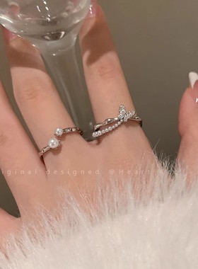 轻奢小众双层叠戴超闪满钻戒指女开口可调节珍珠食指戒指环