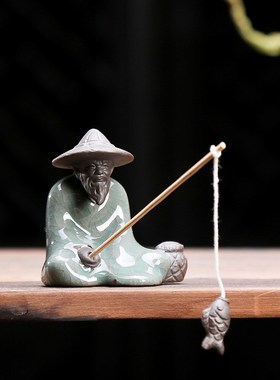 盆景姜太公钓鱼翁老头小摆件陶瓷微景观人物鱼缸装饰造景布景配件