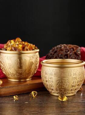 黄铜百福缸招米缸拉丝聚宝盆装元宝铜钱精雕对联缸财礼品摆件