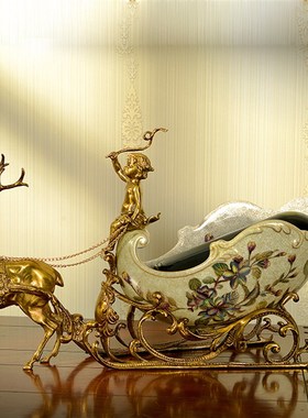 欧式雪橇鹿车酒架果盘餐厅餐桌摆件陶瓷镶铜摆件装饰品工艺品摆设