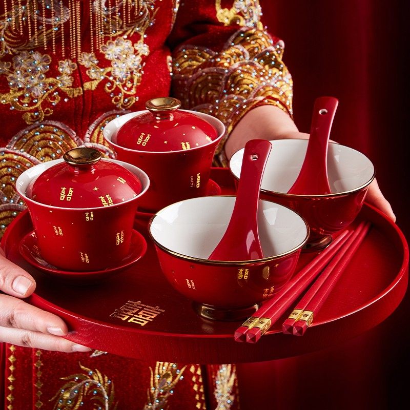 婚庆女方陪嫁用品大全喜碗敬茶杯子结婚礼改口喜杯对杯对碗筷装,淘宝优惠券,粉丝福利购,淘宝优惠卷