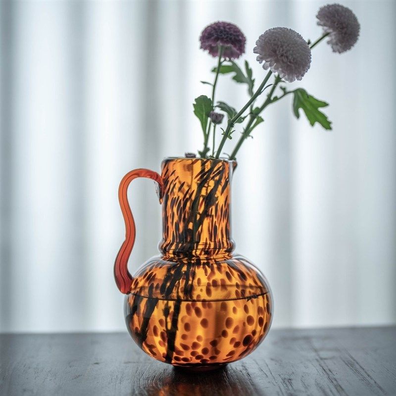 出口欧美单手工制作豹纹斑点焦糖彩色玻璃花瓶单耳壶形插花器摆件,淘宝优惠券,粉丝福利购,淘宝优惠卷
