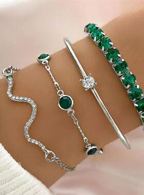 4Pcs/Set Fashion Snake Green Gemstone Bangle Rhinestone
