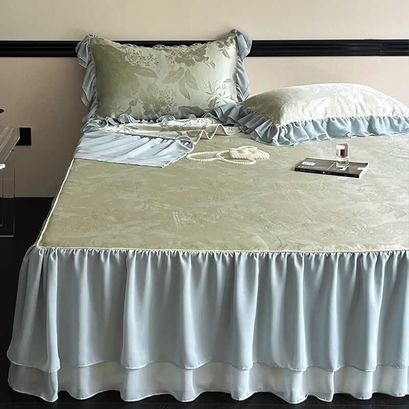 法式浪漫风加密冰丝凉席三件丝滑凉感提花雪纺边床裙式夏季席子,淘宝优惠券,粉丝福利购,淘宝优惠卷