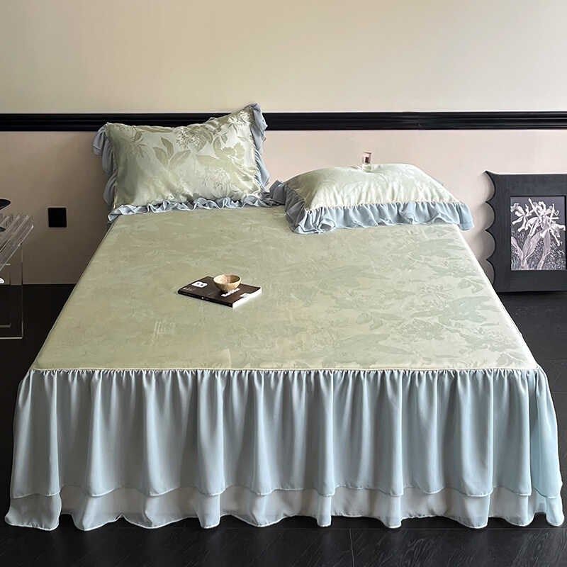 法式浪漫风加密冰丝凉席三件丝滑凉感提花雪纺边床裙式夏季席子,淘宝优惠券,粉丝福利购,淘宝优惠卷