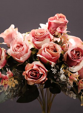 欧式复古仿真花茶苞花束花艺9头玫瑰假花客厅桌面摆件装饰绢花藤