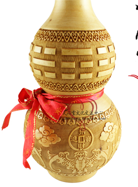 雕刻 开口 桃木 葫芦 工艺品 17cm 五福临门 招财 摆件