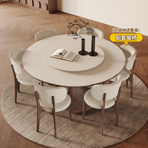 纯白岩板圆餐桌带转盘家用小户型高端复古极简进口橡木实木圆餐桌 - 图1