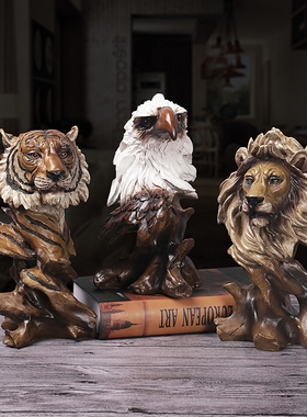 欧式创意仿木雕塑动物头像根雕摆件客厅办公室样板房道具复古摆设