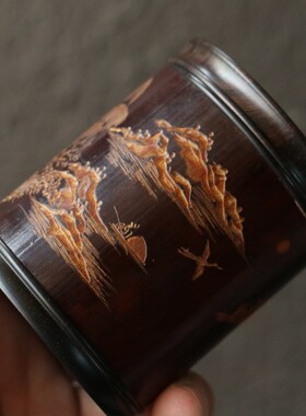 广西百年拆房老竹苏工黑檀木螺纹口纯手工精工雕刻山水图茶叶罐仓