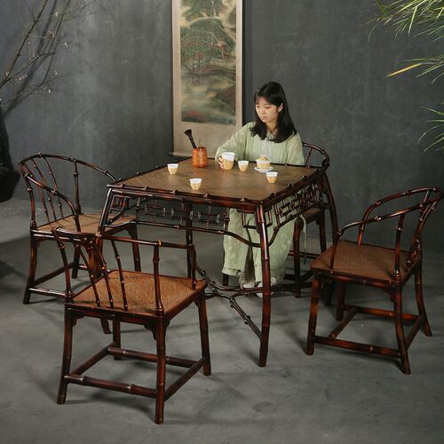 仿古中式大漆筇竹竹制家具茶几茶桌椅组合方桌家用小茶台茶室家具 - 图1