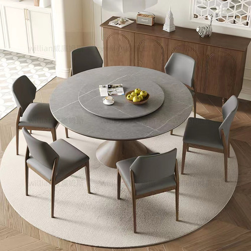 实木岩板餐桌圆桌家用小户型餐厅圆形饭桌带转盘胡桃木餐桌椅组合 - 图1