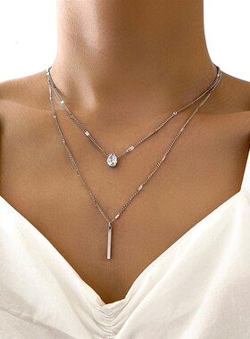 Small diamond long fringe pendant necklace two-piece set项链