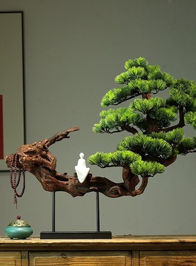 天然实木树根迎客松茶室书房玄关桌摆件中式酒店枯木逢春餐厅装饰