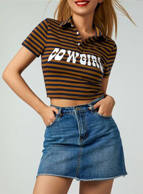 Women s Casual Short Sleeve Print Crop Top Striped Print